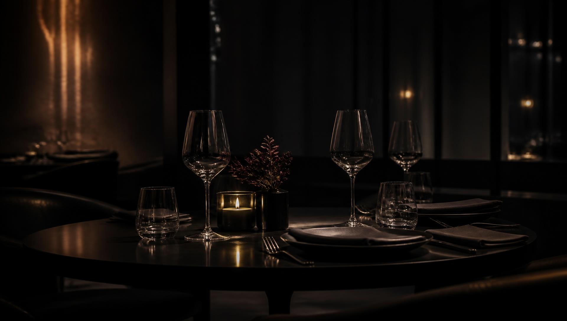Mesa de restaurante montada con copas de vino a la luz de una vela